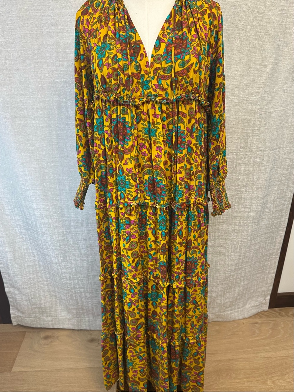 House of Harlow 1960 Boho, Cottagecore, Yellow Floral Tiered Maxi Dress